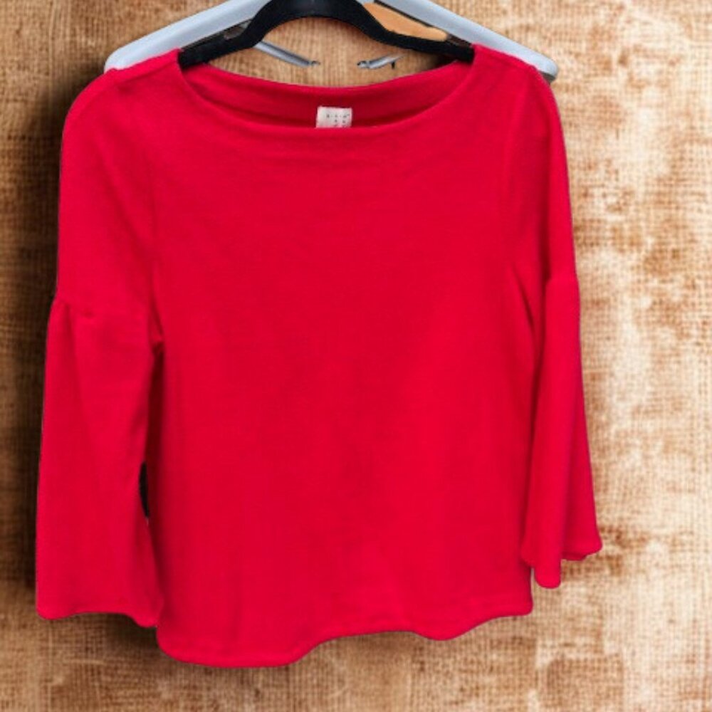 A New Day Red Balloon Sleeve Top, Subtle Texture, 3/4 Sleeves, Size M